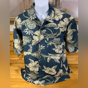 Tommy Bahama Mens Large Shirt Blue Green Silk Floral Relaxed Fit EXCELLENT